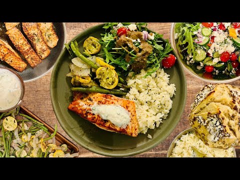 Lemon Dill Salmon with Roasted Veggies, Herb Rice, and Sourdough Bread