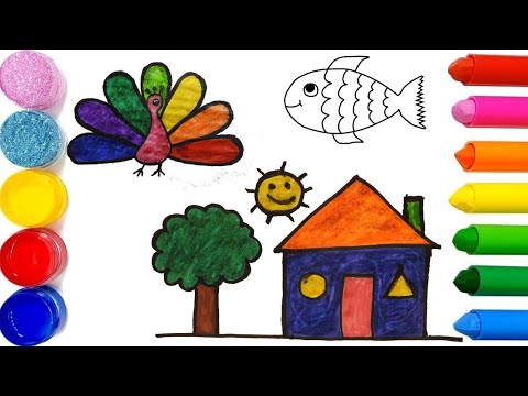 Maison Jardin Poisson Coloriage Brillant, dessin | Apprenez les animaux et les couleurs pour les