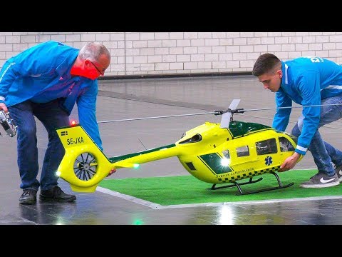 HUGE RC MODEL HELICOPTER IN ACTION!! BIG REMOTE CONTROL HELI INDOOR FLIGHT EC-145