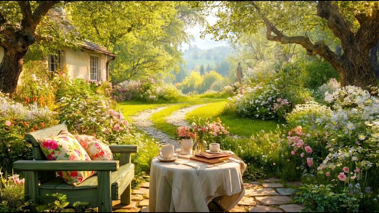 Sunny Cottage Garden Morning with Gentle Birds and Blooming Nature Ambience for Calm Focus