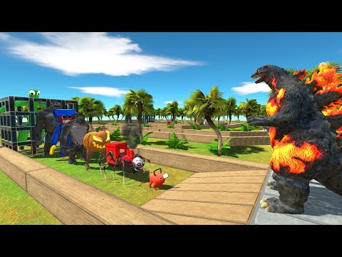 Godzilla Burning Rescue Rainbow Friends (Green) DEATH RUN - Animal Revolt Battle Simulator