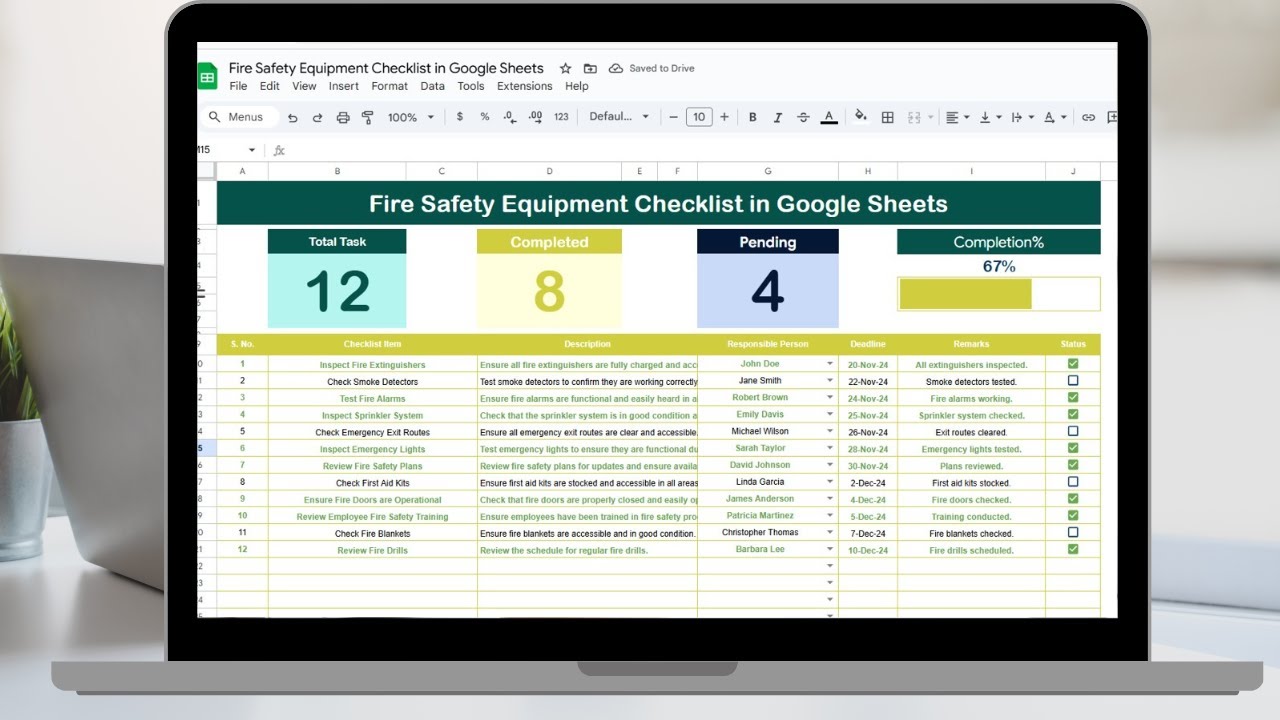 Fire Safety Equipment Checklist in Google Sheets