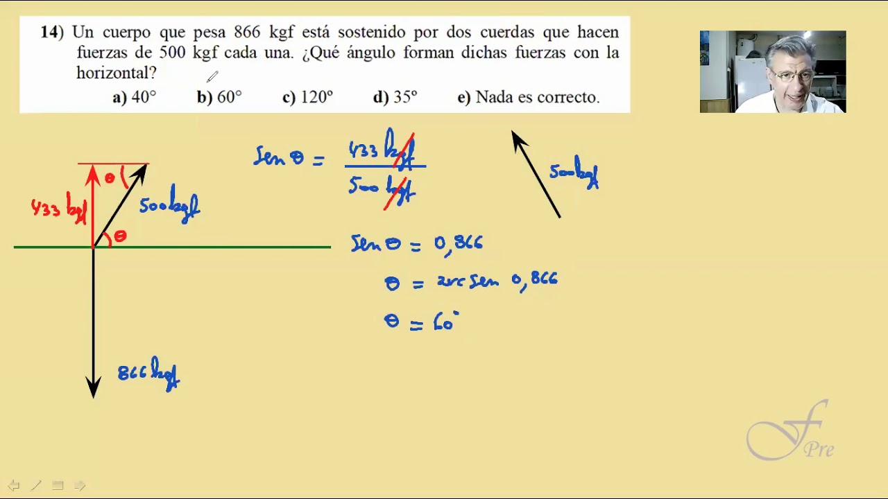 Hallar ángulo de dos cuerdas simétricas dadas tensiones y el peso. Ejercicio de Estática