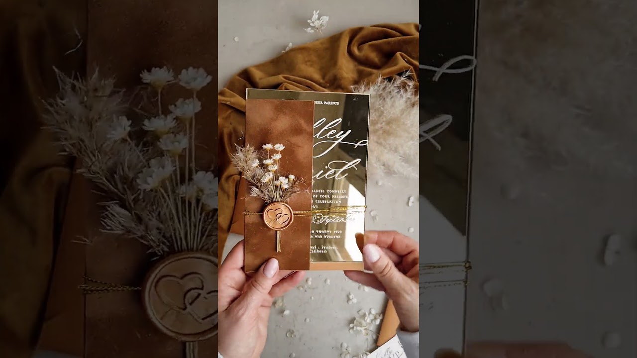 Fall Mirror gold Wedding Invitations, Terracotta Wedding Cards, Burnt orange Acrylic Plexi Invites