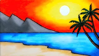 Download lagu Gambar Pemandangan | Cara Mudah Menggambar Pemandangan Sunset Di Pantai Dengan Oil Pastels mp3