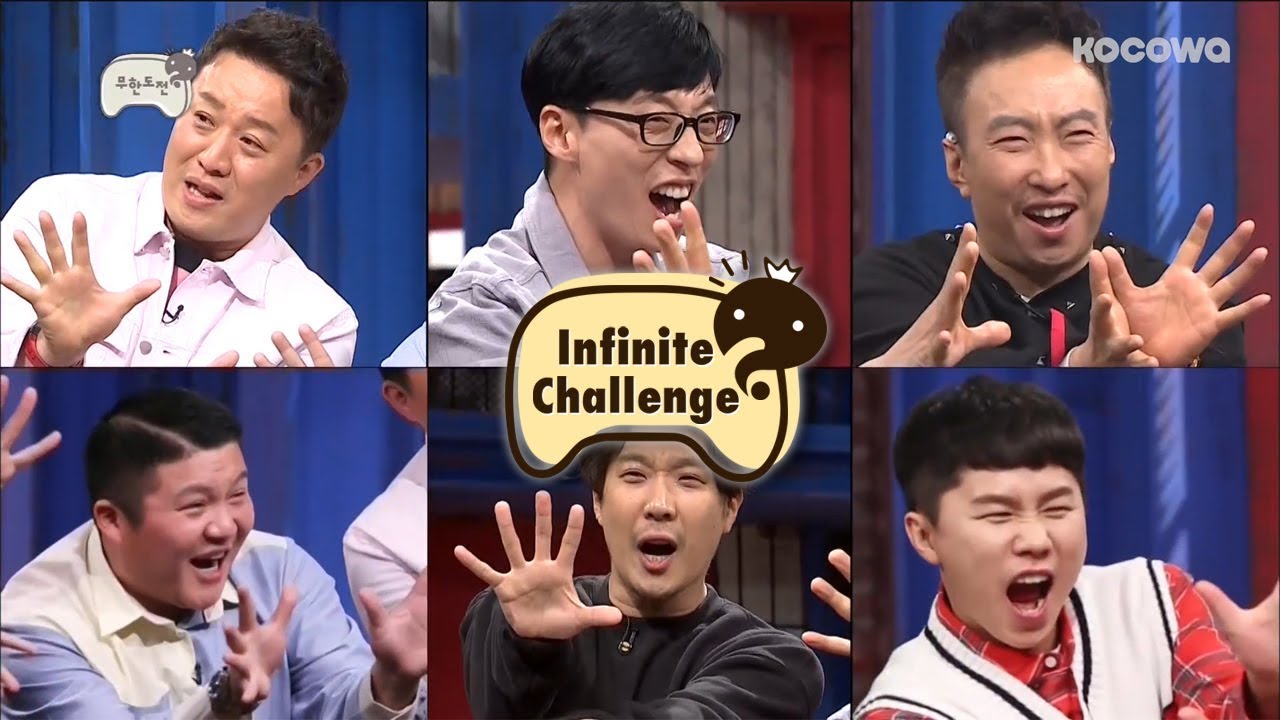 The Infinite Challenge cast members in a final season celebration episode 563 with Yoo Jae-suk leading the Korean variety show team
