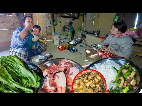 Pork & Mustard (RAYO) Recipe with rice Cooking and eating in Village Kitchen || Village Food vlog