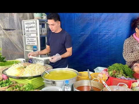 A Handsome Young Man Selling Num Banh Chok / Rice Noodles with Green Curry - Cambodian Street Food