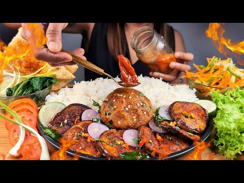 EATING VERY SPICY ALOO BHORTA WITH BEGUN BHAJI, RICE & BHOOTJOLOKIA ACHAR | SPICY BHORTA & RICE ASMR