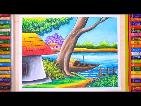 beautiful village scenery drawing with oil pastel color | How to draw scenery of River side Village