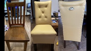 DIYmakeover wooden➡️upholstered dining chairs #diytrending #viral #diyupholstery #diydiningchairs