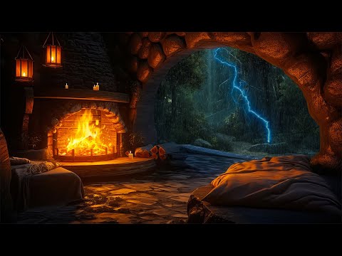 Hidden Cave In Forest On Rainy Night with Thunder Sound and Fireplace Crackling For Sleep,Relaxation