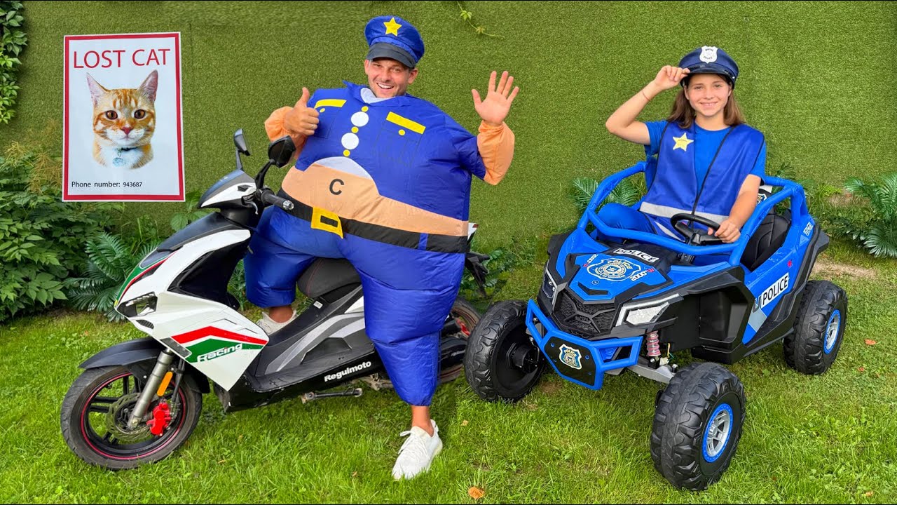 The thief stole the Cat! Sofia is playing cop on a toy car