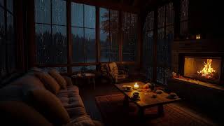 Quiet Cabin in Autumn Rain | Fireplace Crackle and Rainy Forest Ambience for Sleep