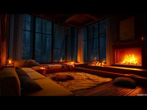 Cozy Attic Living Room Thunderstorm - Rain, Fireplace, and Sleeping Cat Ambiance