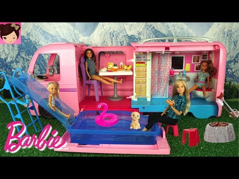 Barbie  Camper Toy with Pool Water Slide - Barbie Chelsea Stacie Skipper Outdoors RV Fun Adventure