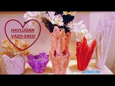 Eski Havlu,Bez ve Dantellerden ; Şık Vazo ve Saksı Yapımı