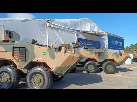 Armored tanks and helicopter at Florianopolis Air Base in Brazil. EXPO DEFENSE 2022