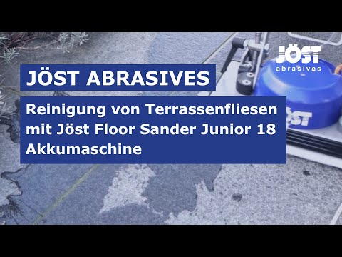 Reinigung von Terrassenfliesen mit dem Jöst Floor Cleaner Junior 18 Akkumaschine