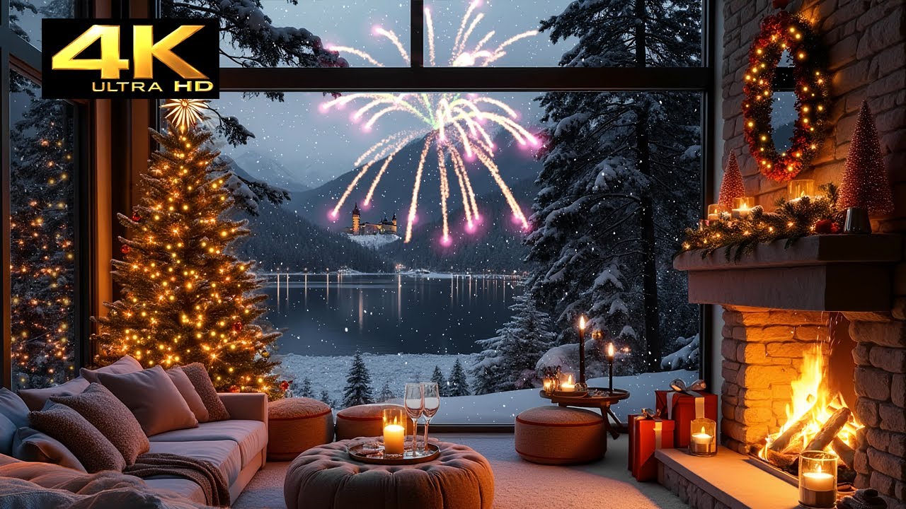 New Year’s Eve Winter Cabin Night ❄️✨ Cozy Fireplace & Distant Fireworks