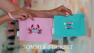 Sommer-Stickset Krabbe & Fische – Kosmetiktäschchen