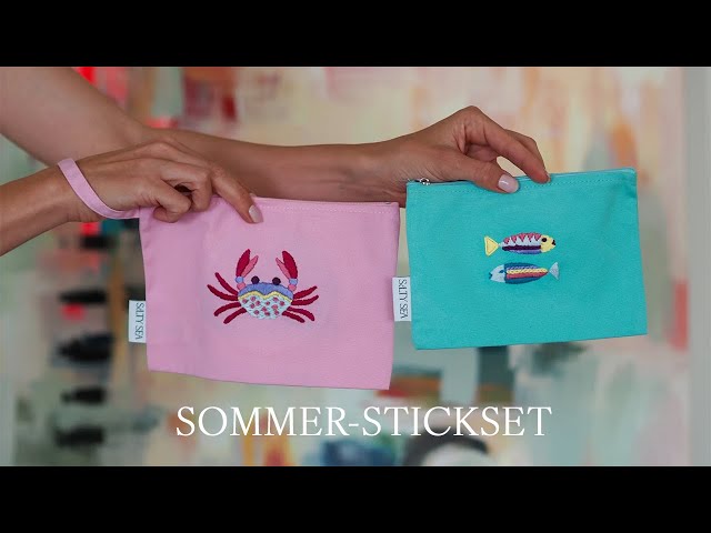 Sommer-Stickset Krabbe & Fische – Kosmetiktäschchen