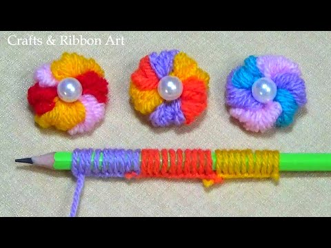 Amazing Trick with Pencil - Super Easy Woolen Flower Making Ideas - Hand Embroidery Flower Design