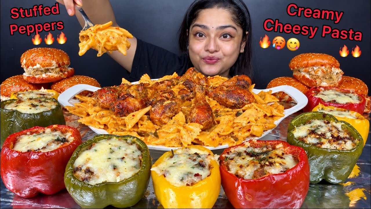 CREAMY CHEESY CHICKEN DRUMSTICK PASTA WITH SPICY CHICKEN STUFFED PEPPERS AND CRISPY CHICKEN BURGERS 