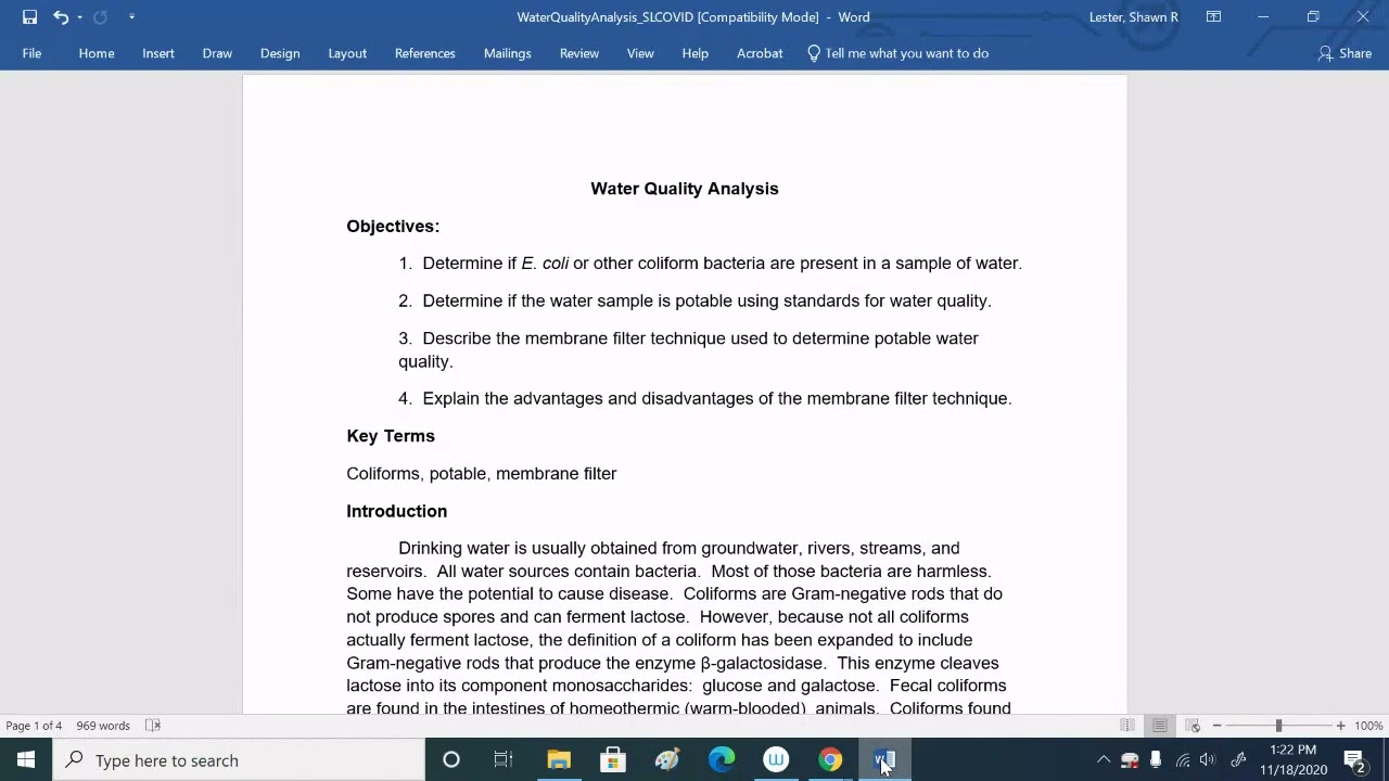 Professor Lester's Microbiology  Lab - Water Quality Analysis