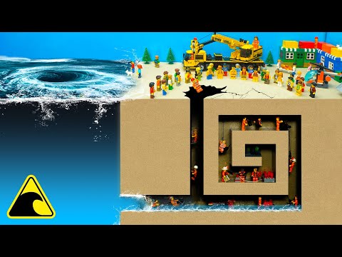 Trapped in a Lego Mine Flood Disaster | Tsunami Dam Breach Experiment - Wave Machine VS Emerald Mine