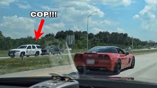 Racing in front of a COP!!! - 820hp ZR1, 750hp CTS-V & Nitrous Vettes!