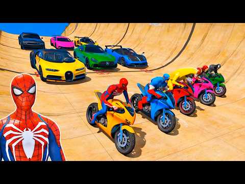 MOTORCYCLES with SPIDER-MAN and HEROES! Mega Ramp Challenge - GTA V
