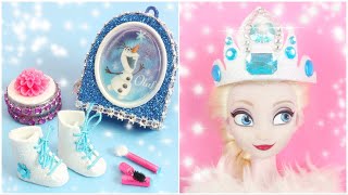 DIY BARBIE and FROZEN ELSA HACKS and CRAFTS ~ Doll Shoes, Bag, Clothes, Crown and Make Up Miniatures