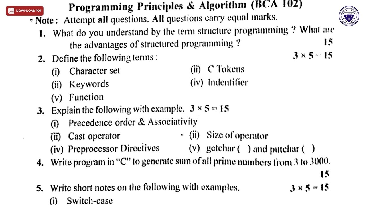 BCA 1ST SEM PROGRAMMING PRINCIPLES AND ALGORITHM BCA DEC 2017 | DBRAU