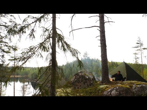 Solo Bushcraft - Stone Kingdom Hike - Fully Enclosed Tarp Setup with Floor in the Rain - Foraging