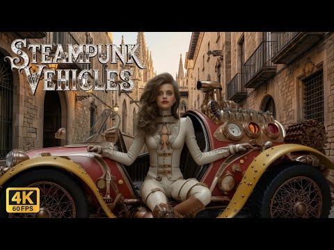 BRASS STREETS OF BARCELONA (Part 7 of Series) Epic Steampunk Retro Future Vehicles, AI Art, 4K