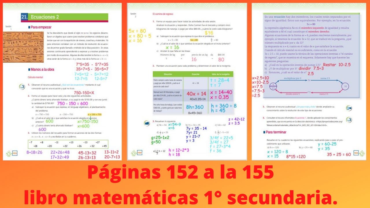 Páginas 152, 153, 154 y 155 matemáticas 1° secundaria ecuaciones de primer grado