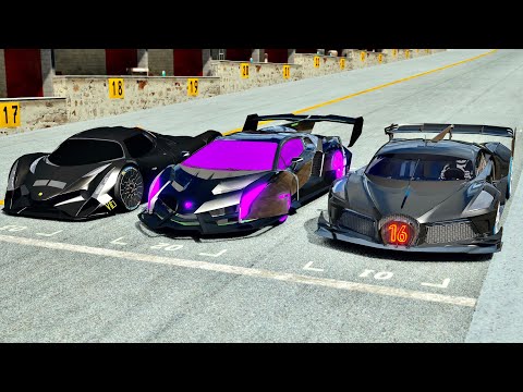 Lamborghini Veneno GTR vs Bugatti Black Devil VGT vs Devel Sixteen Total Black Edition - Drag Race
