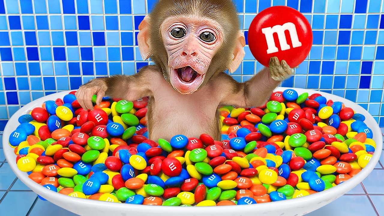 KiKi Monkey bath in the Rainbow BathTub full of M&M candy and play with ducklings | KUDO ANIMAL KIKI