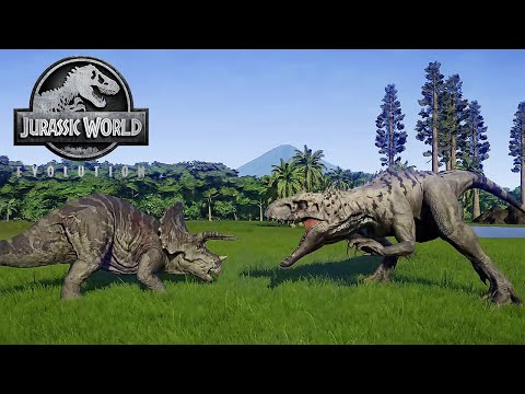TRICERATOPS VS TYRANNOSAURUS REX, INDOMINUS REX AND INDORAPTOR || BATTLE || JURASSIC WORLD EVOLUTION