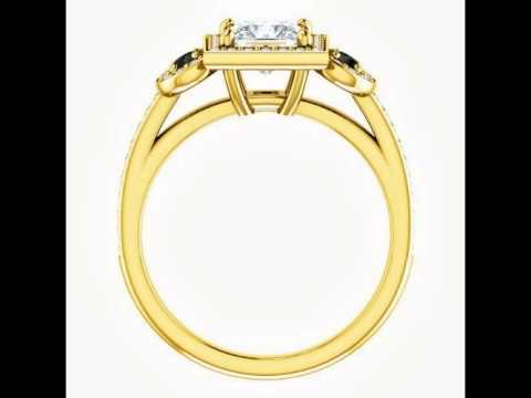 14K Yellow Gold Princess Cut White and Black Diamond Engagement Ring -- LIFETIME WARRANTY