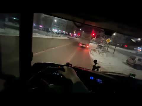 POV Truck Driving - Scania R410. Night winter road.