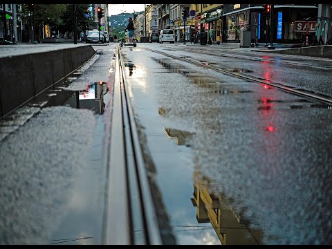 Driving through Oslo, through the rain, from Uranienborg to Solsiden (Akershusstranda) on May 17.