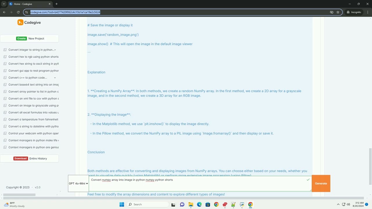 Convert numpy array into image in python numpy python shorts