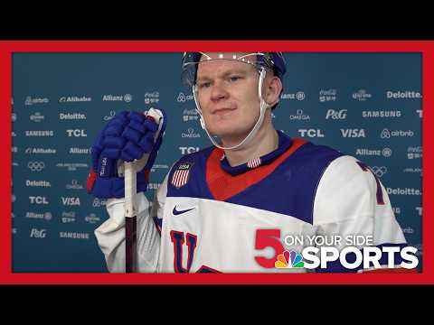 Brady Tkachuk reacts to Team USA's win 5-1 men's hockey win over Germany