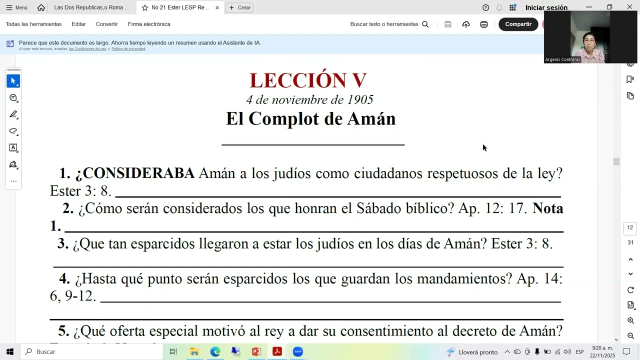 ESCUELA SABATICA 1905: EL LIBRO DE ESTHER. LECCION No. 5. Argenis Contreras.