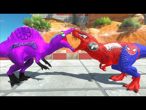 SPIDERMAN T-REX VS THANOS SPINOSAURUS DEATH FALL - Animal Revolt Battle Simulator