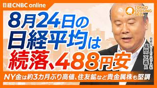 【8月24日(月)東京株式市場】日経平均株価は続落📉488円安、長期金利上昇でAI半導体関連に売り／NY金3カ月ぶり高値、貴金属関連が堅調／物色の主役交代、銀行株に一服感／レイ・ダリオ氏「債券より金」