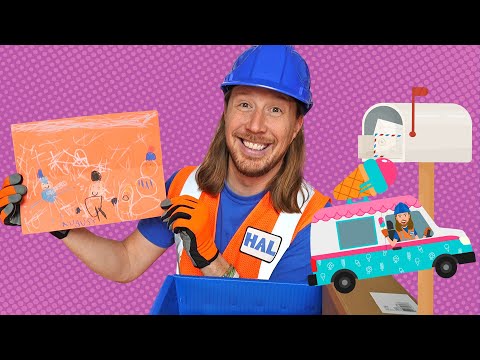 Construction worker in a blue hard hat and orange safety vest holds up a child's orange drawing, with a colorful cartoon van and mailbox in the background.