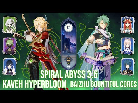 C6 Kaveh Hyperbloom and C1 Baizhu Bountiful Cores - Genshin Impact Abyss 3.6 - Floor 12 9 Stars